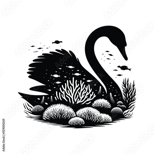 silhouette of Swan filled with underwater view with coral in rough drawing