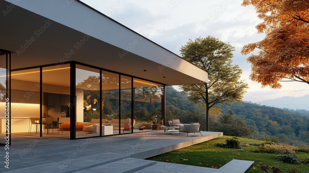 A modern house exterior with large glass windows, offering an unobstructed view of the scenic surroundings. A modern house exterior with large glass windows, offering an unobstructed view of the scenic surroundings.