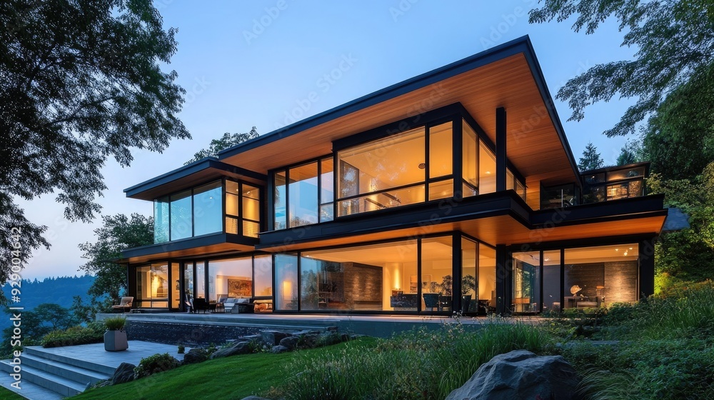 A modern house exterior with large glass windows, offering an unobstructed view of the scenic surroundings. A modern house exterior with large glass windows, offering an unobstructed view of the scenic surroundings.