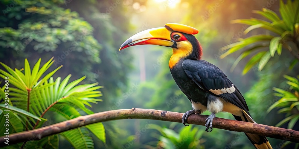 Obraz premium A majestic Rhinoceros Hornbill perched on a branch in the rainforest, wildlife, bird, beak, tropical, colorful, feathers, endangered