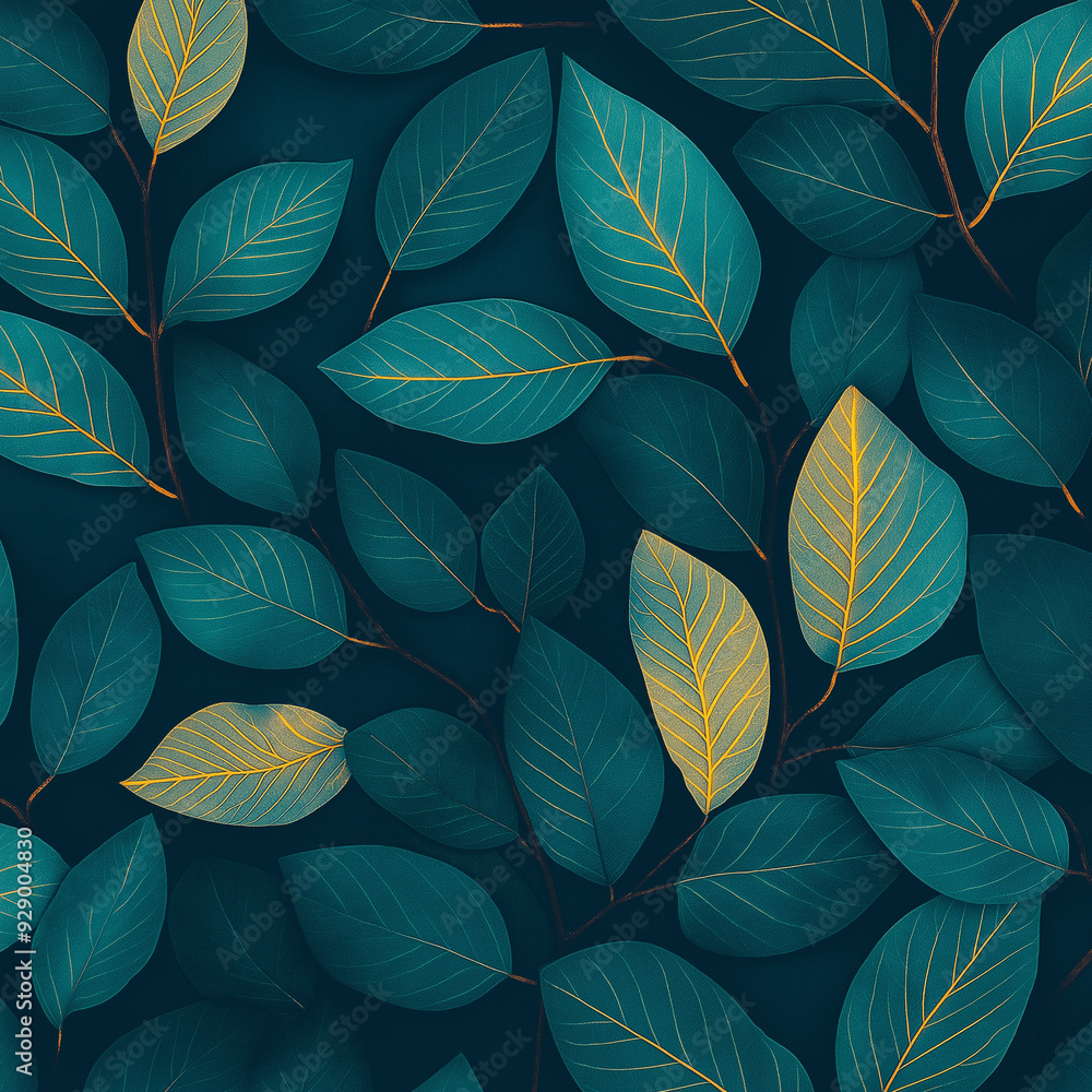 A blue and gold leafy patterned background with green leaves A blue and gold leafy patterned background with green leaves