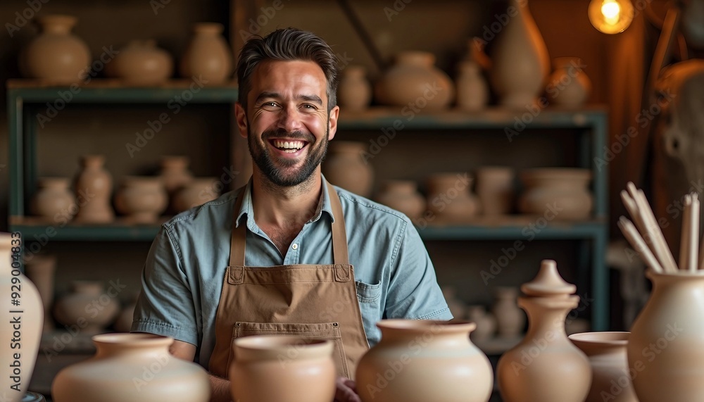 A passionate potter beams with pride beside a beautiful pottery piece in his studio, with earthy tones highlighting his joyful expression. A passionate potter beams with pride beside a beautiful pottery piece in his studio, with earthy tones highlighting his joyful expression.