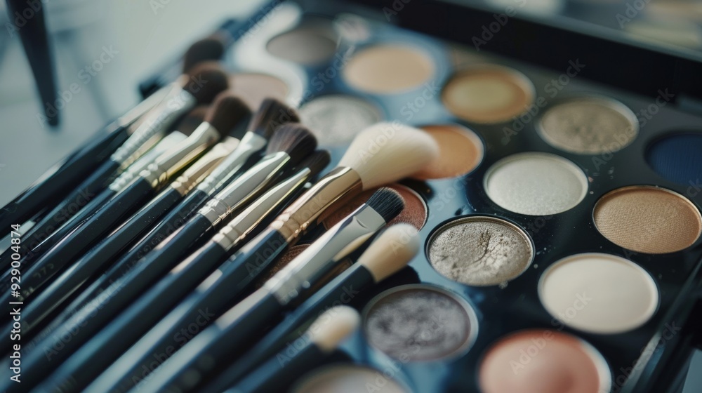 A close-up view of various makeup brushes arranged neatly beside a palette of eyeshadows in different shades, suggesting a professional makeup kit. A close-up view of various makeup brushes arranged neatly beside a palette of eyeshadows in different shades, suggesting a professional makeup kit.