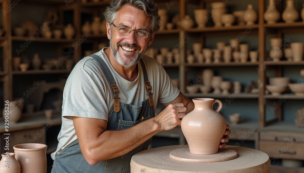 A passionate potter beams with pride beside a beautiful pottery piece in his studio, with earthy tones highlighting his joyful expression.