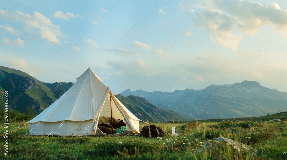An elegant tent stands in a grassy meadow, surrounded by sweeping mountain views under a softly lit sky. An elegant tent stands in a grassy meadow, surrounded by sweeping mountain views under a softly lit sky.