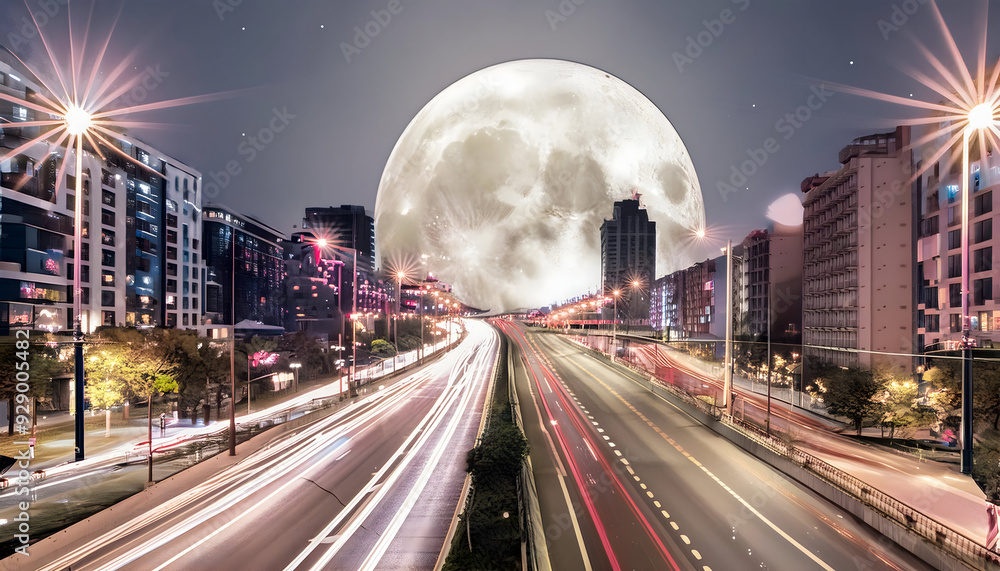 Fototapeta premium Trendy Cute seamless pattern, streams of light trail in the city at night with big moonlight.