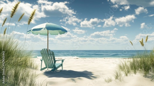 A relaxing summer scene with a beach chair and umbrella, overlooking the ocean, epitomizing a perfect holiday vibe.