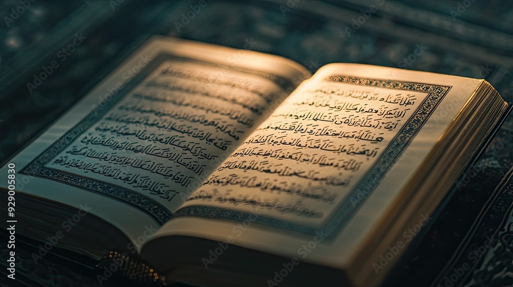 Obraz premium A serene close-up of an open Quran, with the delicate Arabic text illuminated by a soft, warm light, creating a reflective mood.