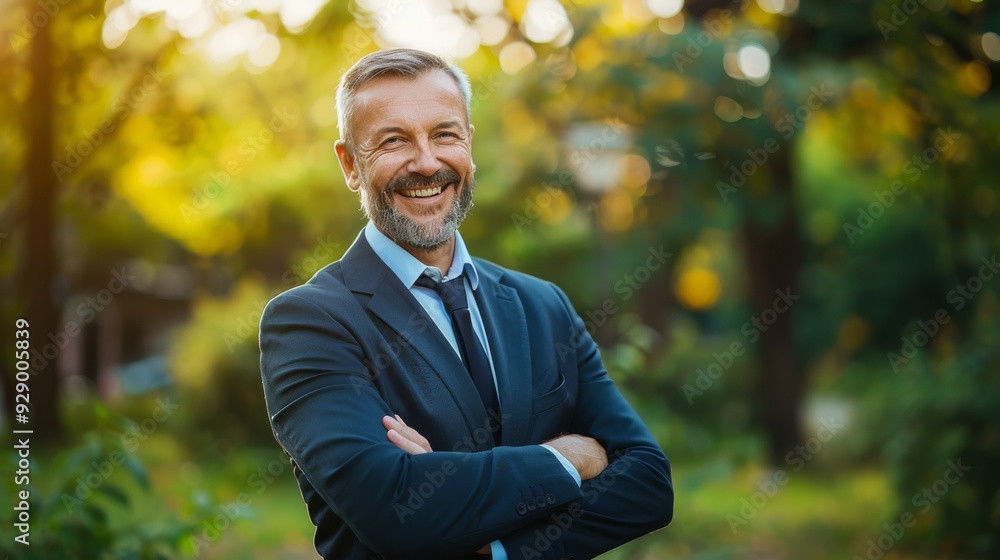 A joyful, middle-aged man in a suit stands with arms crossed, smiling confidently against a sunlit, leafy background. A joyful, middle-aged man in a suit stands with arms crossed, smiling confidently against a sunlit, leafy background.