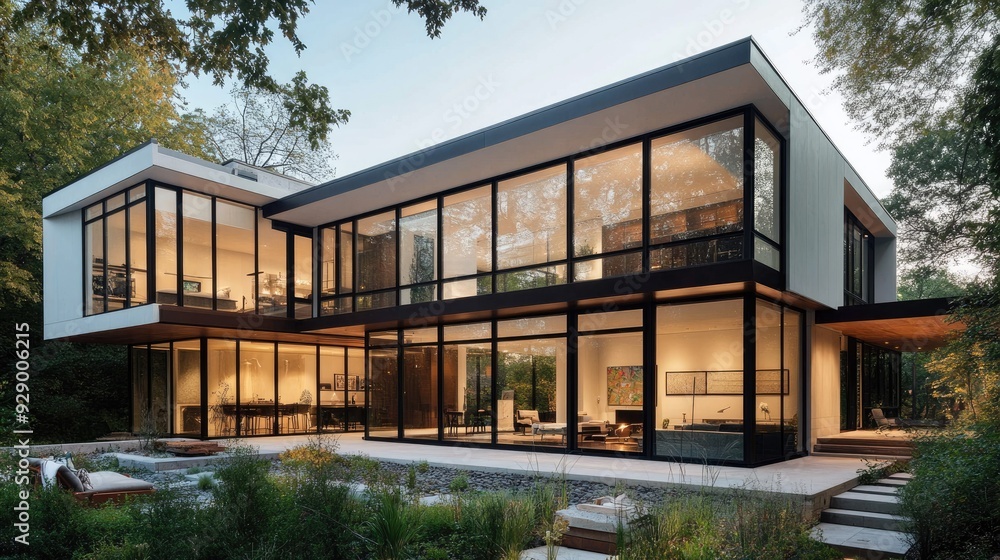 A sleek contemporary house exterior featuring large floor-to-ceiling windows, surrounded by minimalist landscaping. A sleek contemporary house exterior featuring large floor-to-ceiling windows, surrounded by minimalist landscaping.
