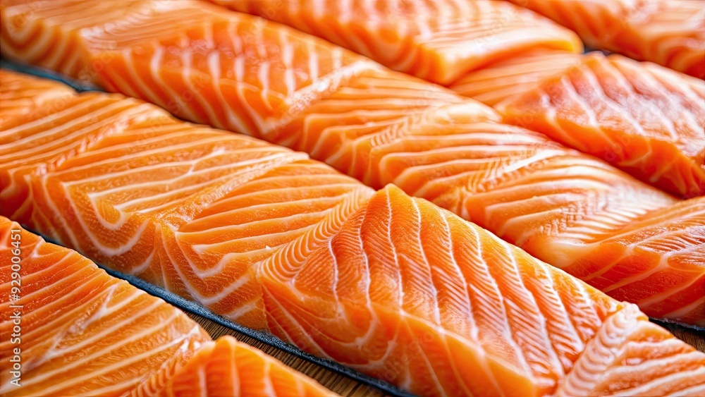 Close-up view of fresh salmon fillet strips lined up neatly, salmon, fresh, fillet, seafood, raw, healthy, food, organic Close-up view of fresh salmon fillet strips lined up neatly, salmon, fresh, fillet, seafood, raw, healthy, food, organic