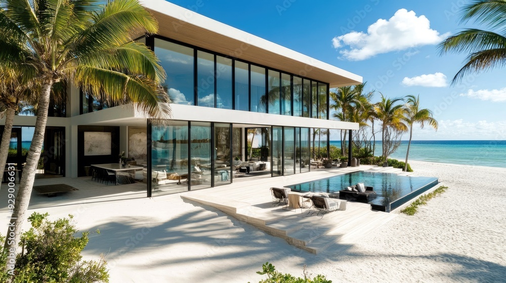 A stunning luxury beach house with large glass windows offering an unobstructed ocean view, surrounded by palm trees and white sand. A stunning luxury beach house with large glass windows offering an unobstructed ocean view, surrounded by palm trees and white sand.