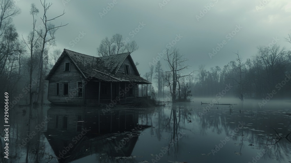 Abandoned house reflected in calm waters of a foggy swamp at dawn Abandoned house reflected in calm waters of a foggy swamp at dawn