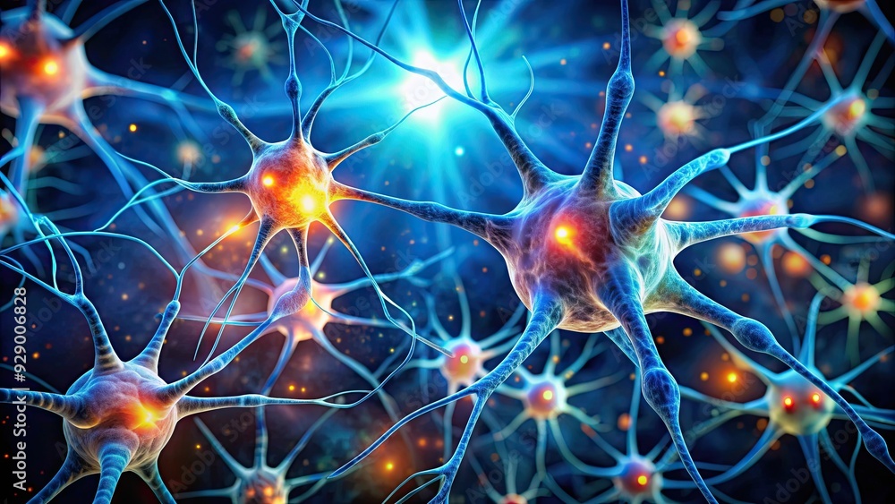 Close up of nerve cells with neurotransmitters sending and receiving signals, neurons, nerve cells, synapse Close up of nerve cells with neurotransmitters sending and receiving signals, neurons, nerve cells, synapse