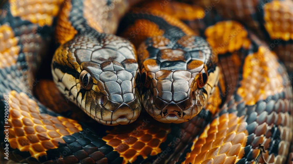 Two vibrant snakes intertwined in natural habitat during daylight hours Two vibrant snakes intertwined in natural habitat during daylight hours