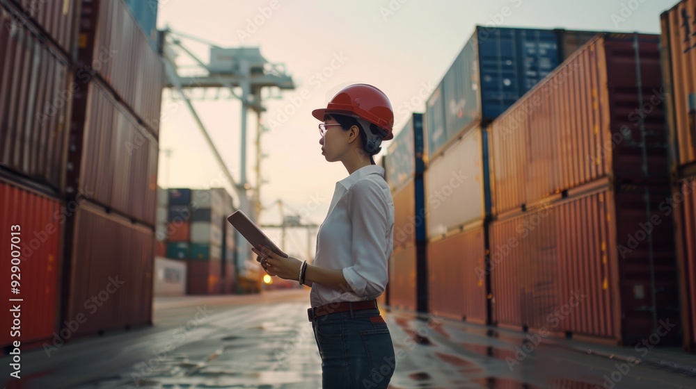 A female worker wearing a red hard hat inspects shipping containers with a tablet at a bustling port, under the soft evening light. A female worker wearing a red hard hat inspects shipping containers with a tablet at a bustling port, under the soft evening light.