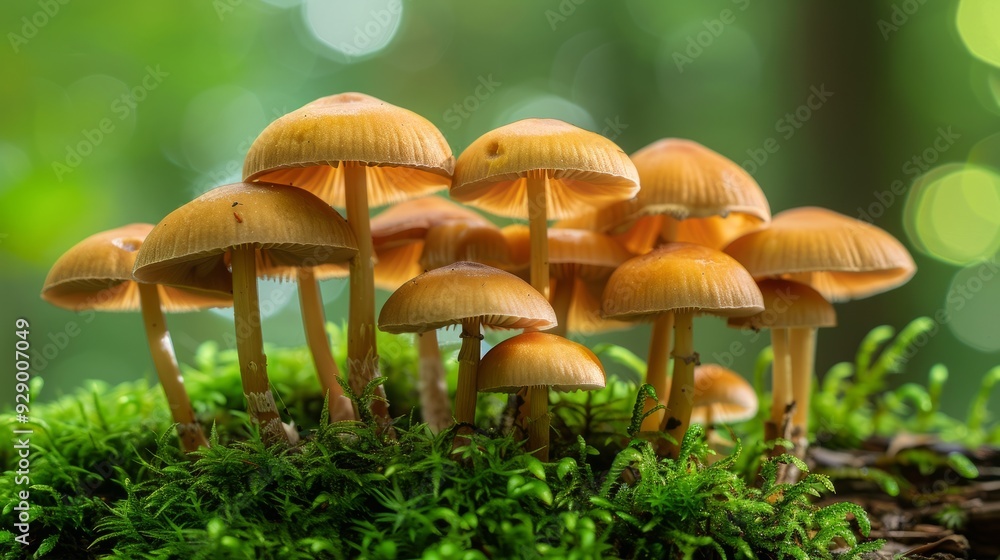 Fototapeta premium Cluster of golden mushrooms growing on moss in a forest clearing during daylight