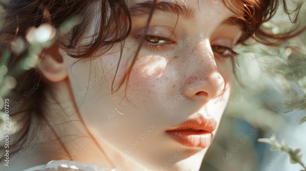 A young woman with curly hair is captured among foliage, her face bathed in dappled sunlight, exuding a tranquil, nature-inspired beauty. A young woman with curly hair is captured among foliage, her face bathed in dappled sunlight, exuding a tranquil, nature-inspired beauty.