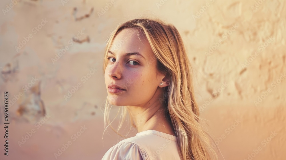 A young woman with long blonde hair, softly lit, glances over her shoulder with a serene expression. A young woman with long blonde hair, softly lit, glances over her shoulder with a serene expression.
