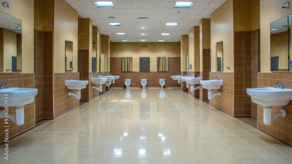 A well-maintained restroom facility with numerous stalls, clean floors, and a modern design, offering a comfortable experience. A well-maintained restroom facility with numerous stalls, clean floors, and a modern design, offering a comfortable experience.