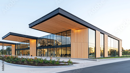 the exterior view of a nearly completed modular wooden office building, showcasing the sustainable architecture achieved through prefabricated elements