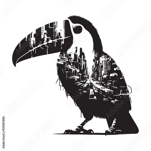 silhouette of Toucan filled with destroyed futuristic dystopia environment in rough drawing