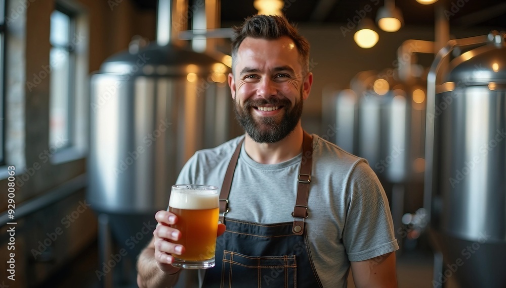 A proud brewmaster smiles with a freshly poured craft beer in front of brewing equipment, as shiny tanks create an industrial backdrop. A proud brewmaster smiles with a freshly poured craft beer in front of brewing equipment, as shiny tanks create an industrial backdrop.