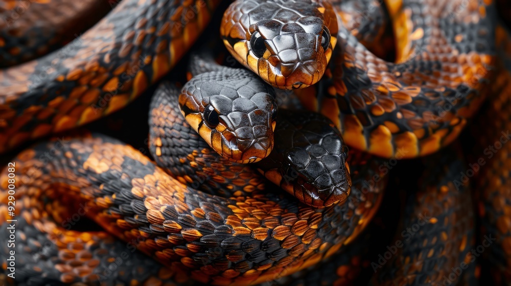 Three interwoven snakes with striking patterns on a dark background Three interwoven snakes with striking patterns on a dark background
