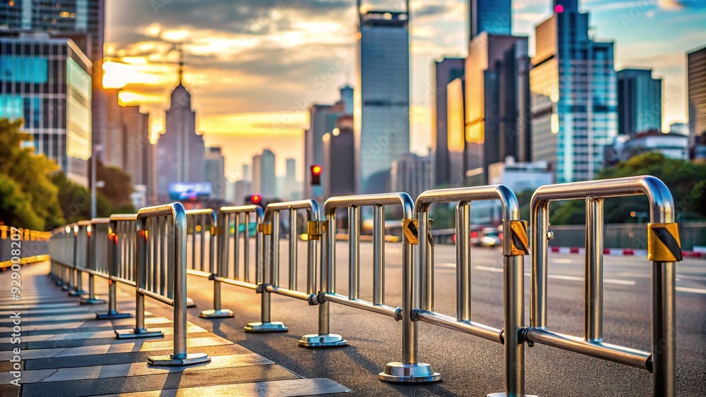 Metallic safety barriers block the way, illustrating obstacles and challenges, with a blurry cityscape in the background, conveying a sense of restriction and limitation. Metallic safety barriers block the way, illustrating obstacles and challenges, with a blurry cityscape in the background, conveying a sense of restriction and limitation.