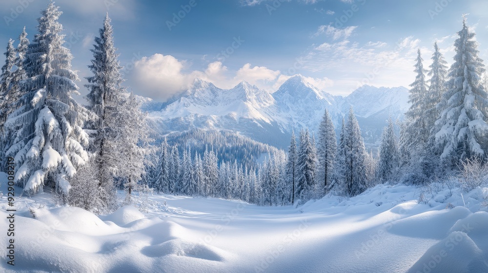 Snow-covered fir trees stand tall against a backdrop of snow-capped mountains and a bright blue sky. Snow-covered fir trees stand tall against a backdrop of snow-capped mountains and a bright blue sky.