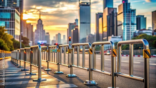 Metallic safety barriers block the way, illustrating obstacles and challenges, with a blurry cityscape in the background, conveying a sense of restriction and limitation.