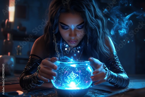 An illustration of a witch performing divination with potions and herbs