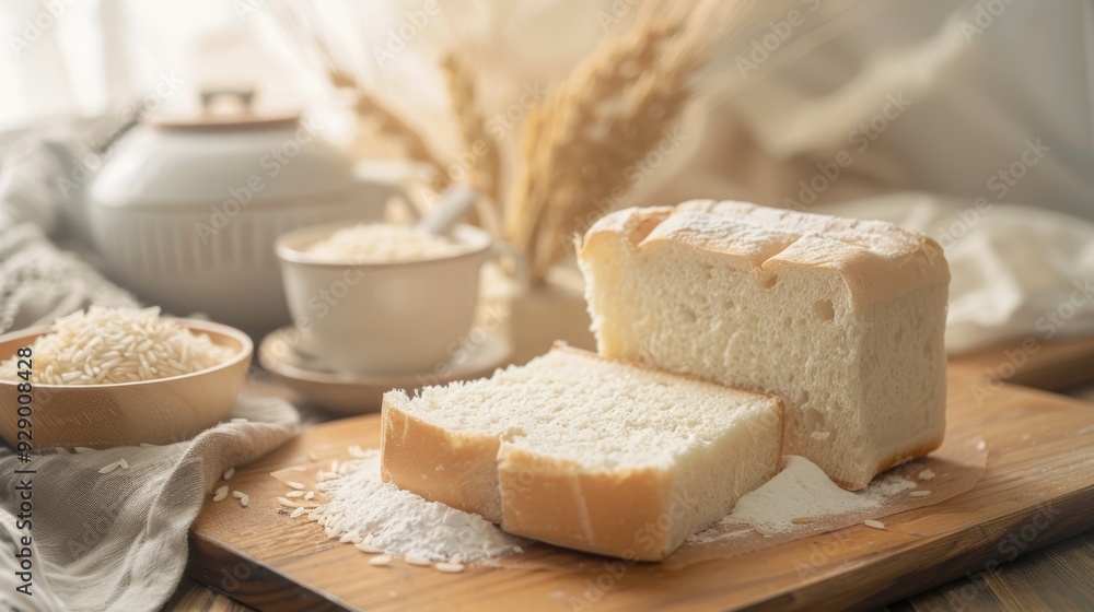 Freshly cut loaf of white bread sits on a wooden board, surrounded by grains and kitchenware, evoking a homely and rustic kitchen atmosphere. Freshly cut loaf of white bread sits on a wooden board, surrounded by grains and kitchenware, evoking a homely and rustic kitchen atmosphere.