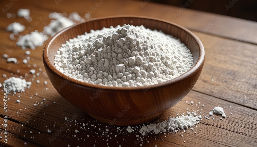 Organic Tapioca Flour: A close-up shot of raw tapioca flour in a wooden bowl, showcasing its fine texture and natural beige hue. The scattered flour around the bowl creates a rustic feel. Organic Tapioca Flour: A close-up shot of raw tapioca flour in a wooden bowl, showcasing its fine texture and natural beige hue. The scattered flour around the bowl creates a rustic feel.