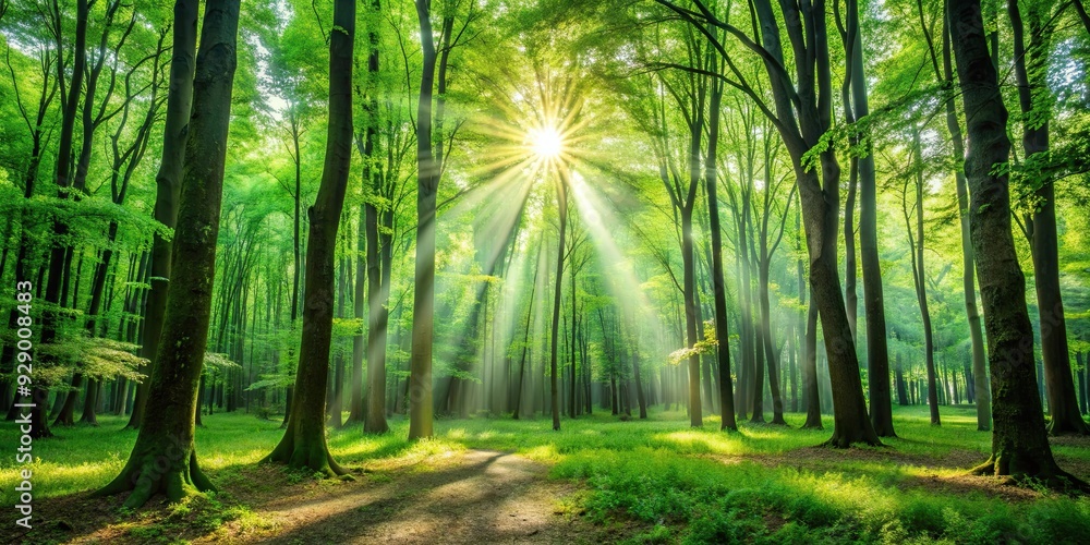 Fototapeta premium A serene forest with lush green trees and sunlight filtering through the leaves , nature, trees, forest, sunlight, peaceful