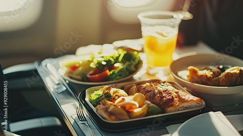 An airplane tray table featuring a freshly served in-flight meal, with appetizing food neatly arranged and a drink on the side.