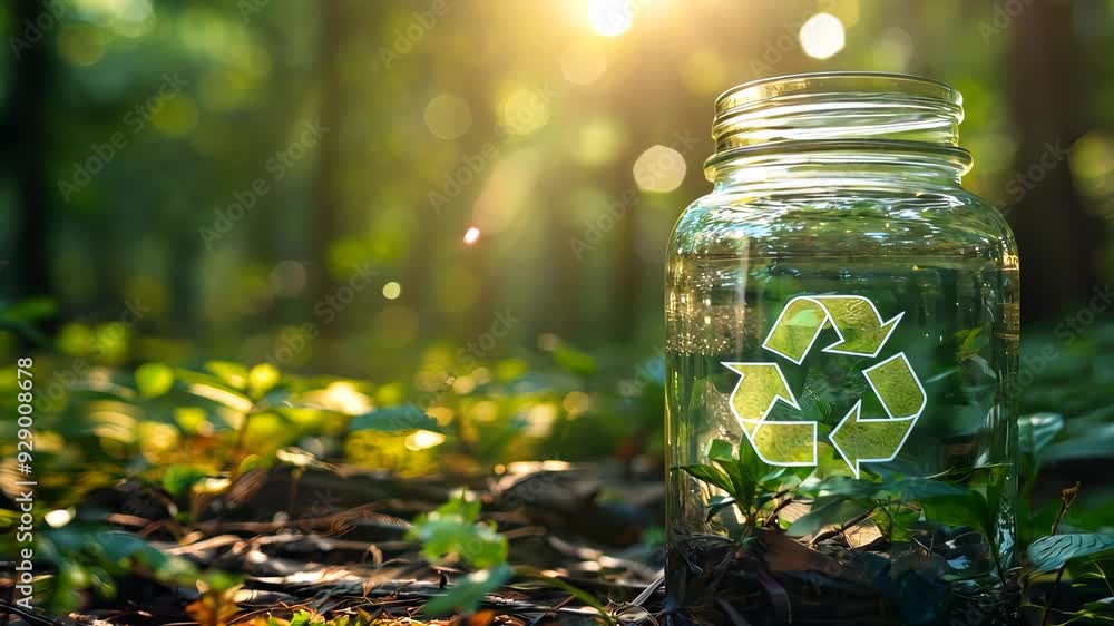 Sunlight passing through forest revealing recycling symbol in jar Sunlight passing through forest revealing recycling symbol in jar
