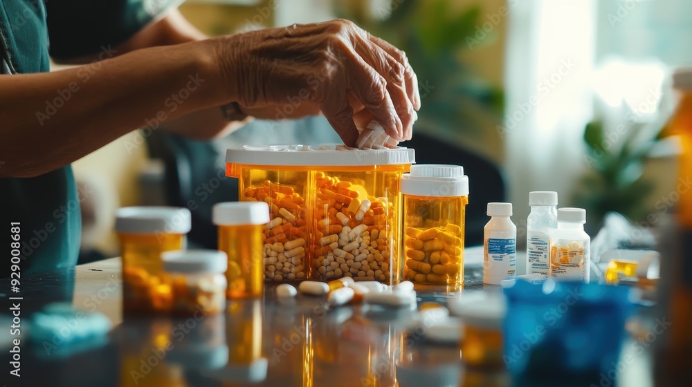 A person sorts and organizes prescription bottles and medications at home A person sorts and organizes prescription bottles and medications at home