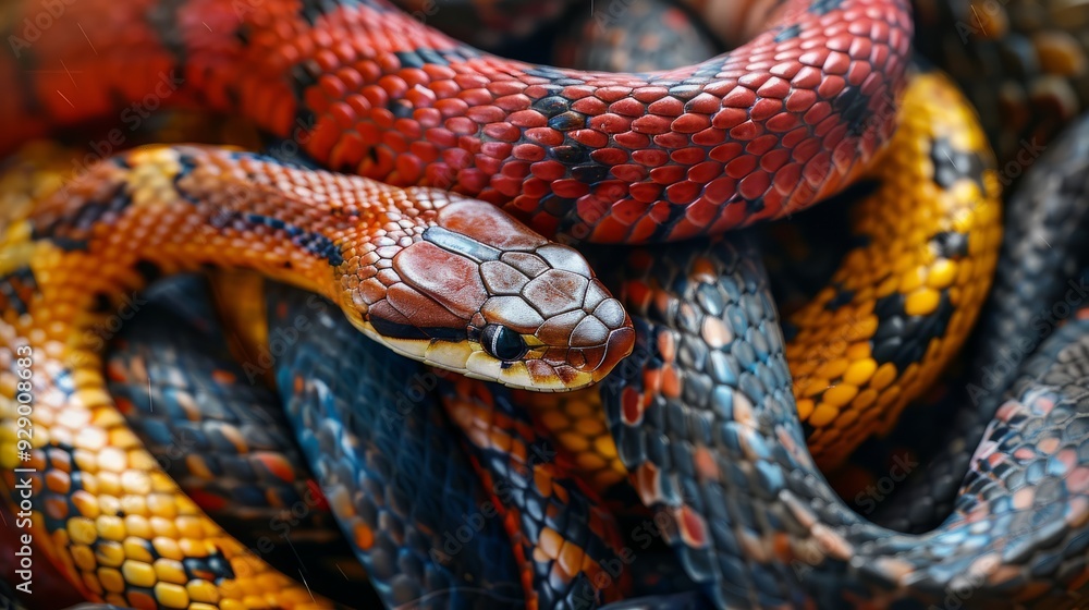Fototapeta premium Colorful snakes intertwined in a natural habitat during bright daylight