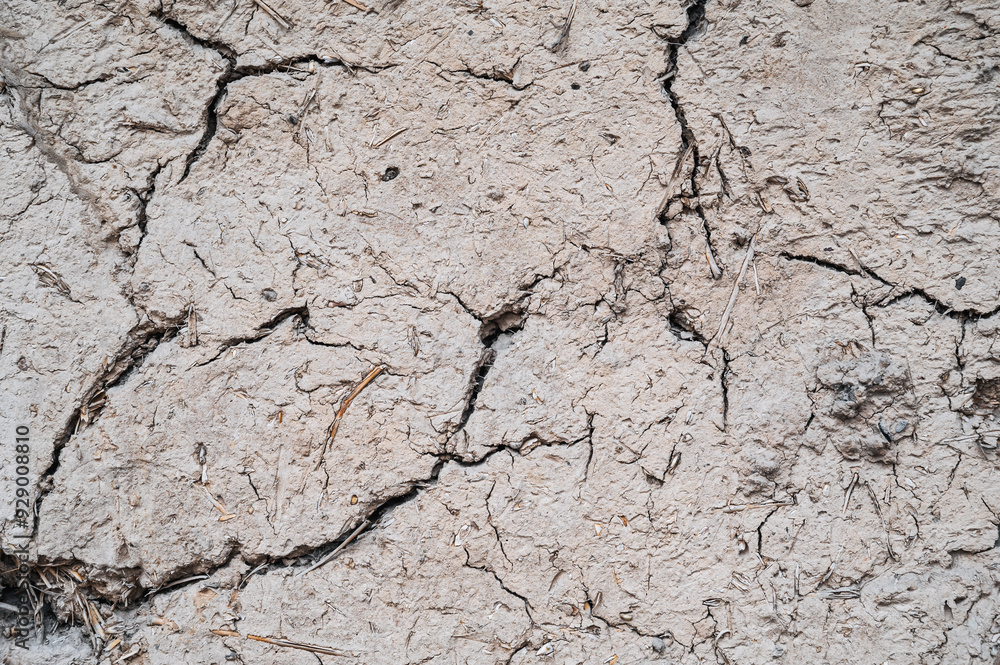Obraz premium Old cracked wall made of orange clay and straw.