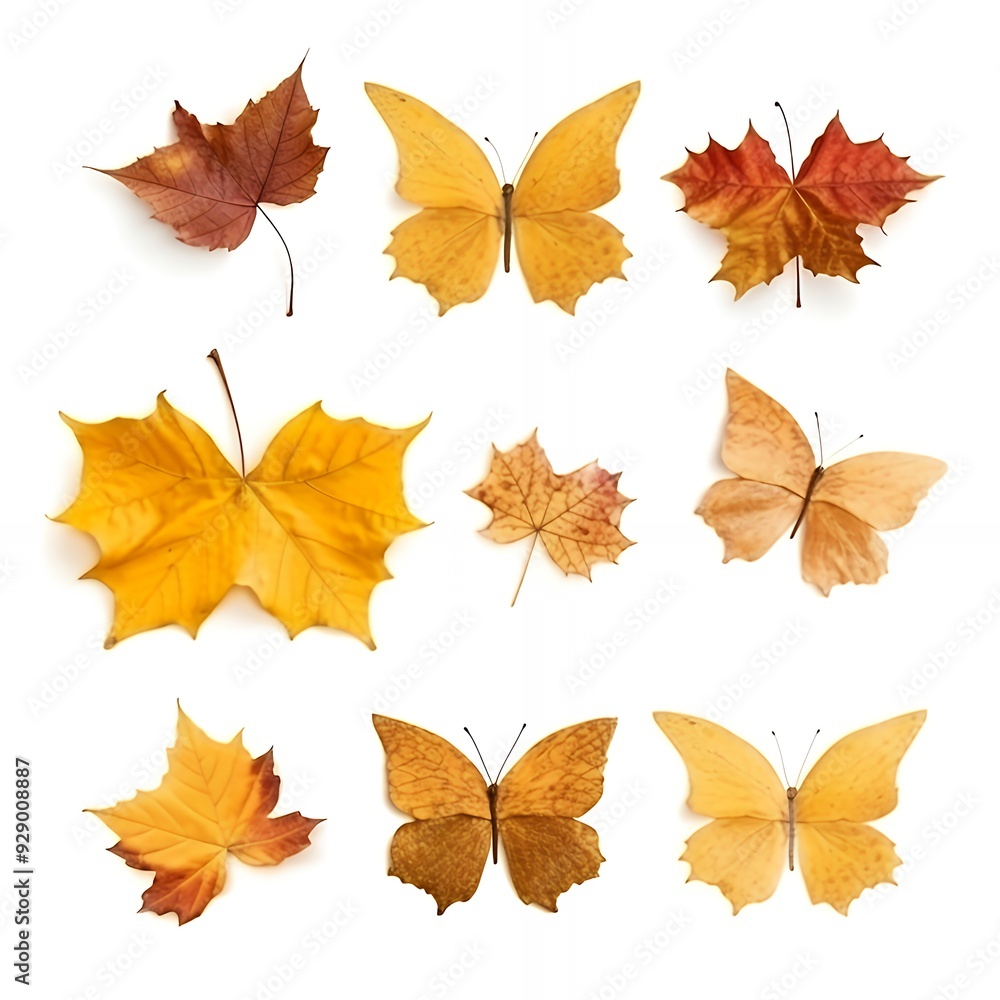 Fototapeta premium Six orange and yellow butterflies and three maple leaves isolated on a white background.