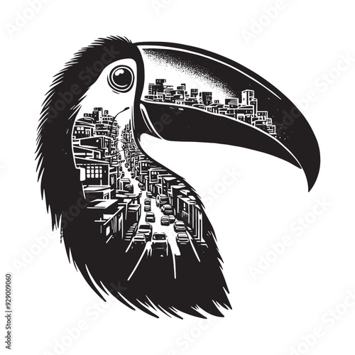 silhouette of Toucan filled with ghetto street in rough drawing