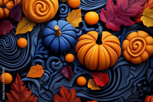 An illustration of pumpkins and gourds being carved with intricate patterns