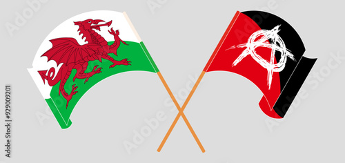Crossed and waving flags of Wales and Anarchy