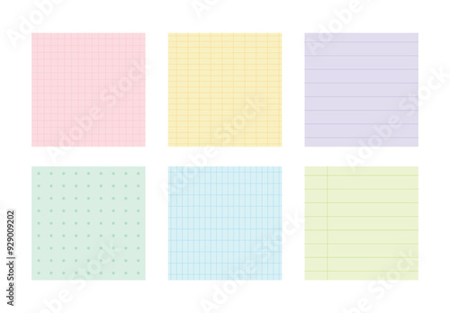A set of stationery design template illustrations including square pastel-toned memos, notepads, notebooks, and stickers. Note formats include lined, dotted, blank, and grid patterns.