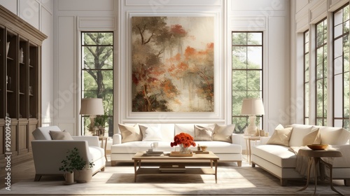 Hampton style living room interior with frame mockup, 3d render  