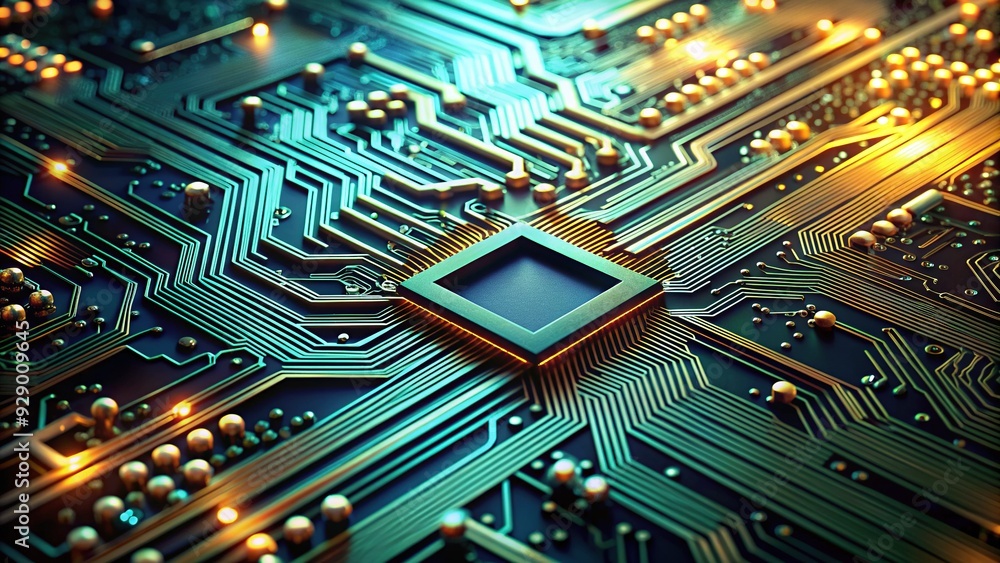 Microscopic view of a shiny new electronic circuit board with intricate paths and tiny chips, highlighting advanced technology and modern manufacturing techniques. Microscopic view of a shiny new electronic circuit board with intricate paths and tiny chips, highlighting advanced technology and modern manufacturing techniques.