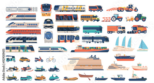 Big Set Of Various Transportation Including Train, Bus, Truck, Ships, Boats, And Vehicles. Cartoon Vector Illustration