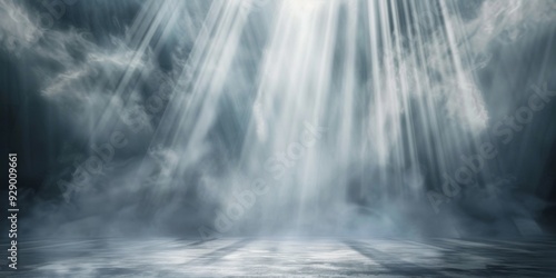 Abstract background with spotlight beams and fog effects, gray and white shades, professional look.