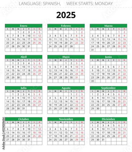 2025 year vertical spanish calendar. Printable vector green illustration for Spain